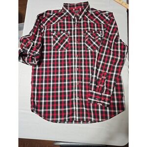 Straight Faded Men XL Red Black Plaid  Button Up Long Sleeve Shirt Western Rock
